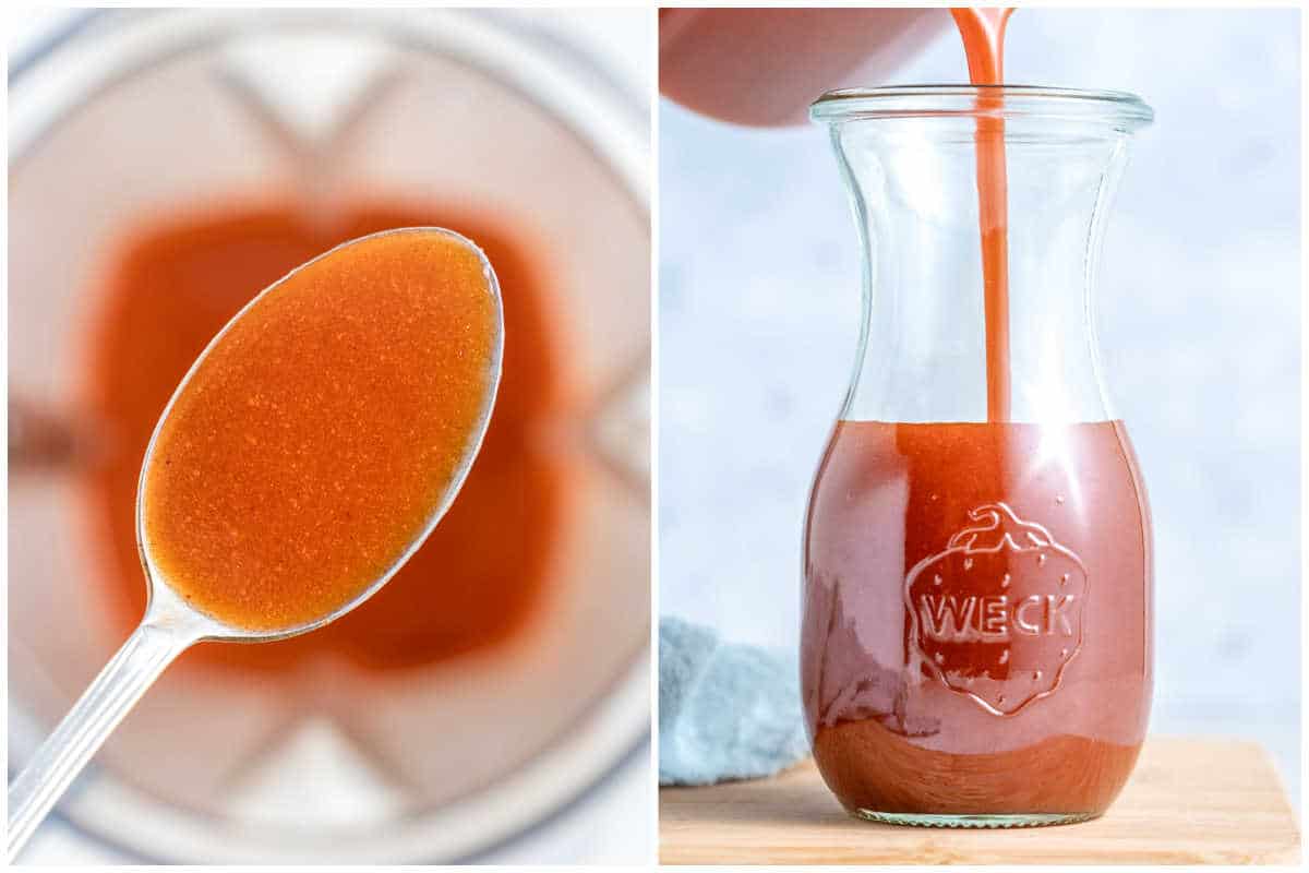 process shot of blending catalina dressing and pouring in a jar.