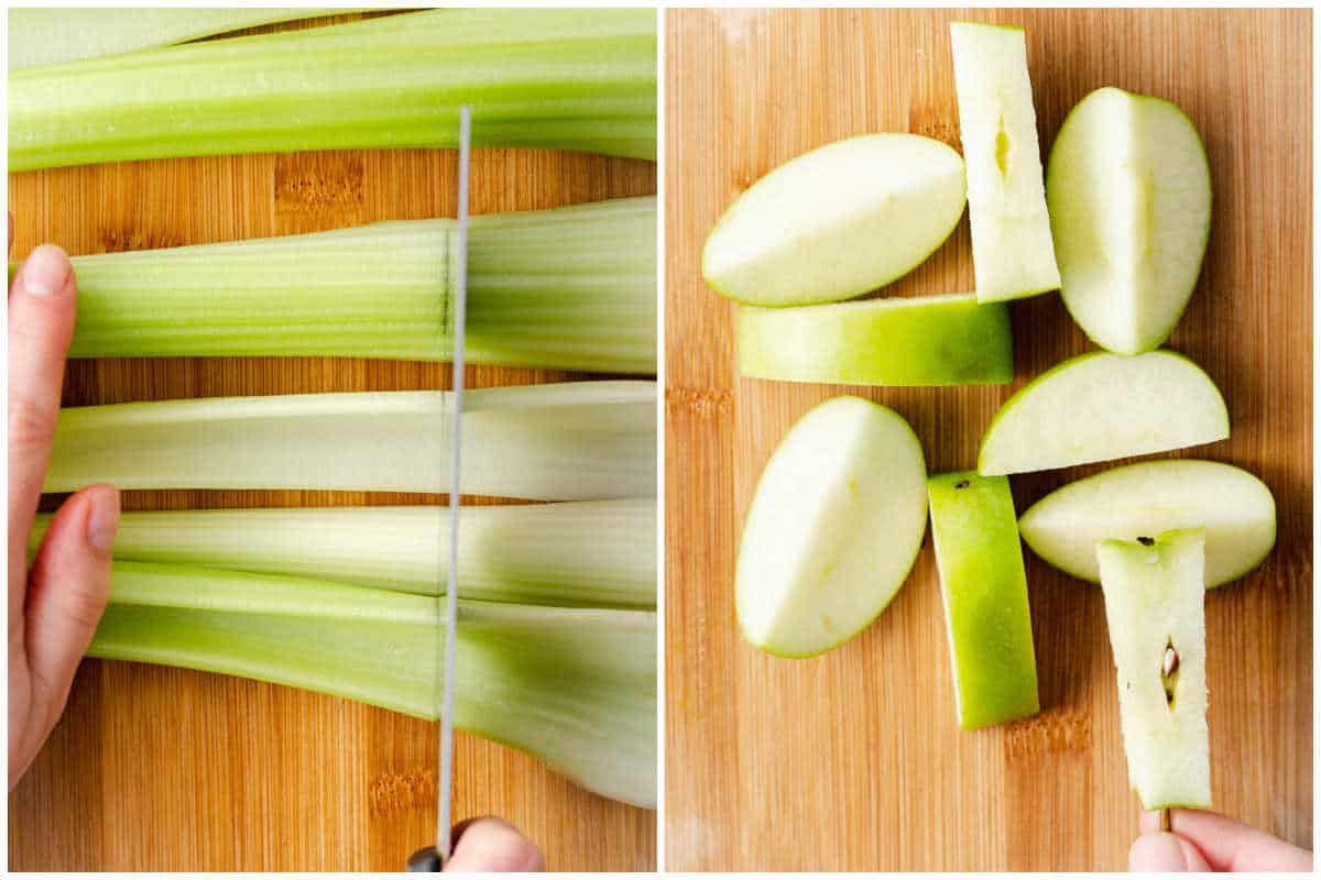 prepping the celery and the green apples to make juice.