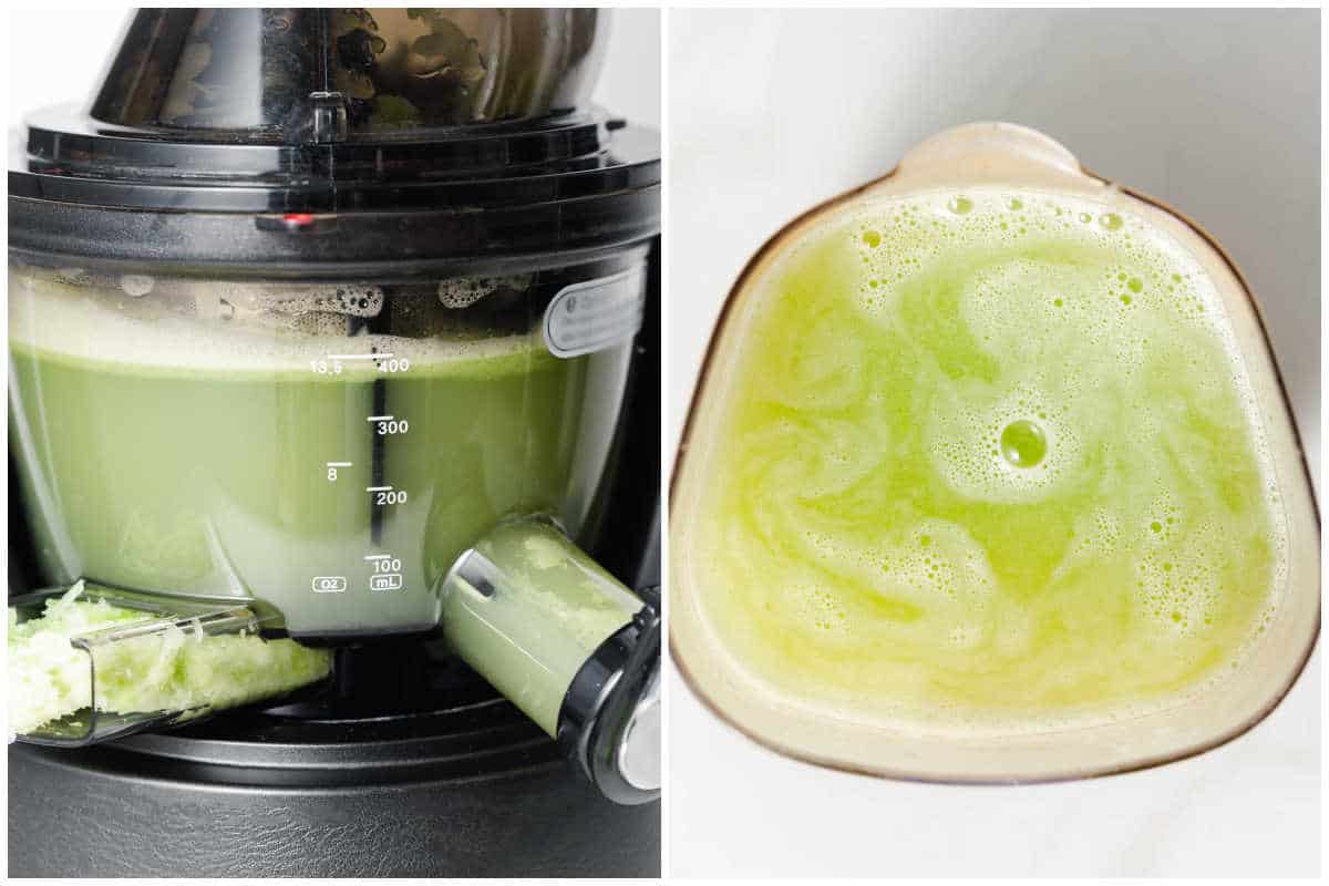 process shot to juice the celery and pouring into a mug.