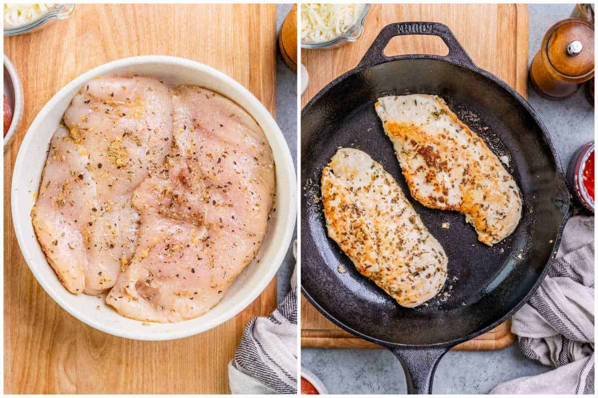 process shot to season chicken breast and cook in a skillet.