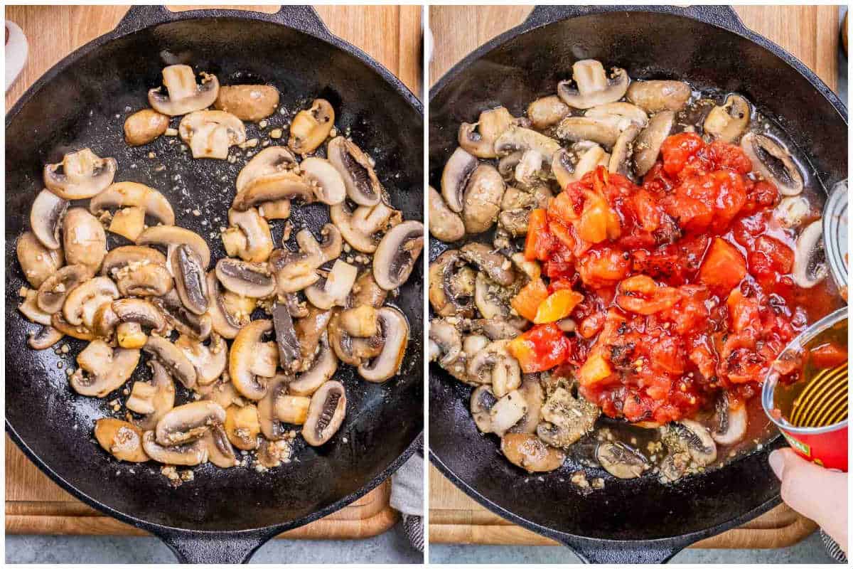 process shot to cook the mushrooms in a pan and adding canned chopped tomatoes.