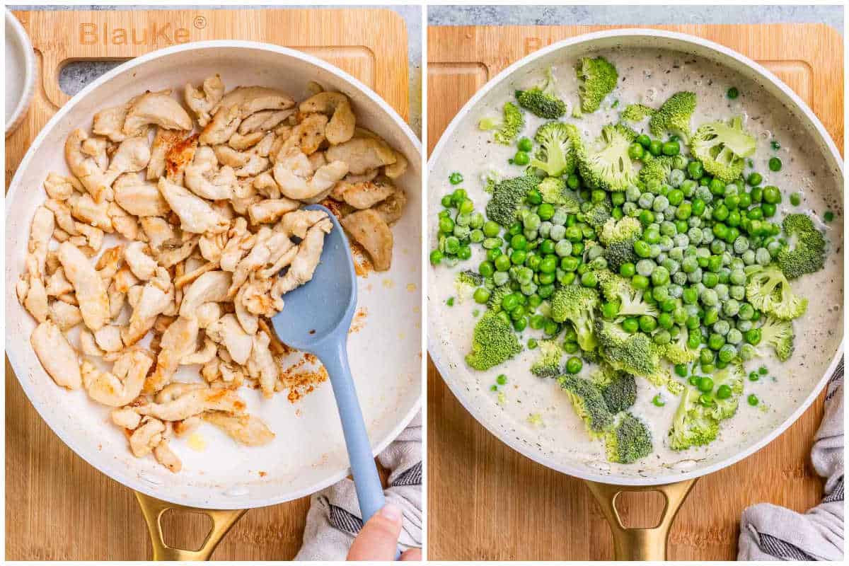 process shot to cook the chicken and then making the creamy sauce with the veggies.