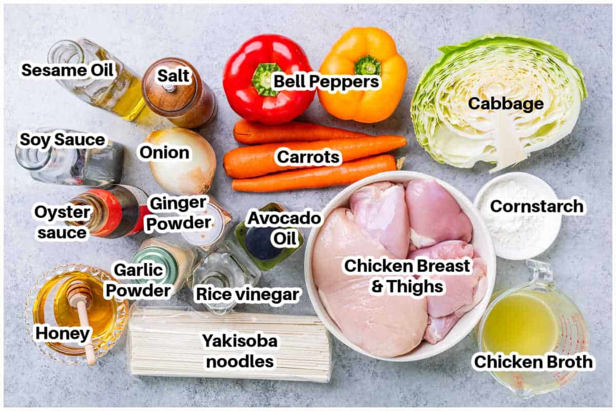 ingredients for chicken yakisoba.