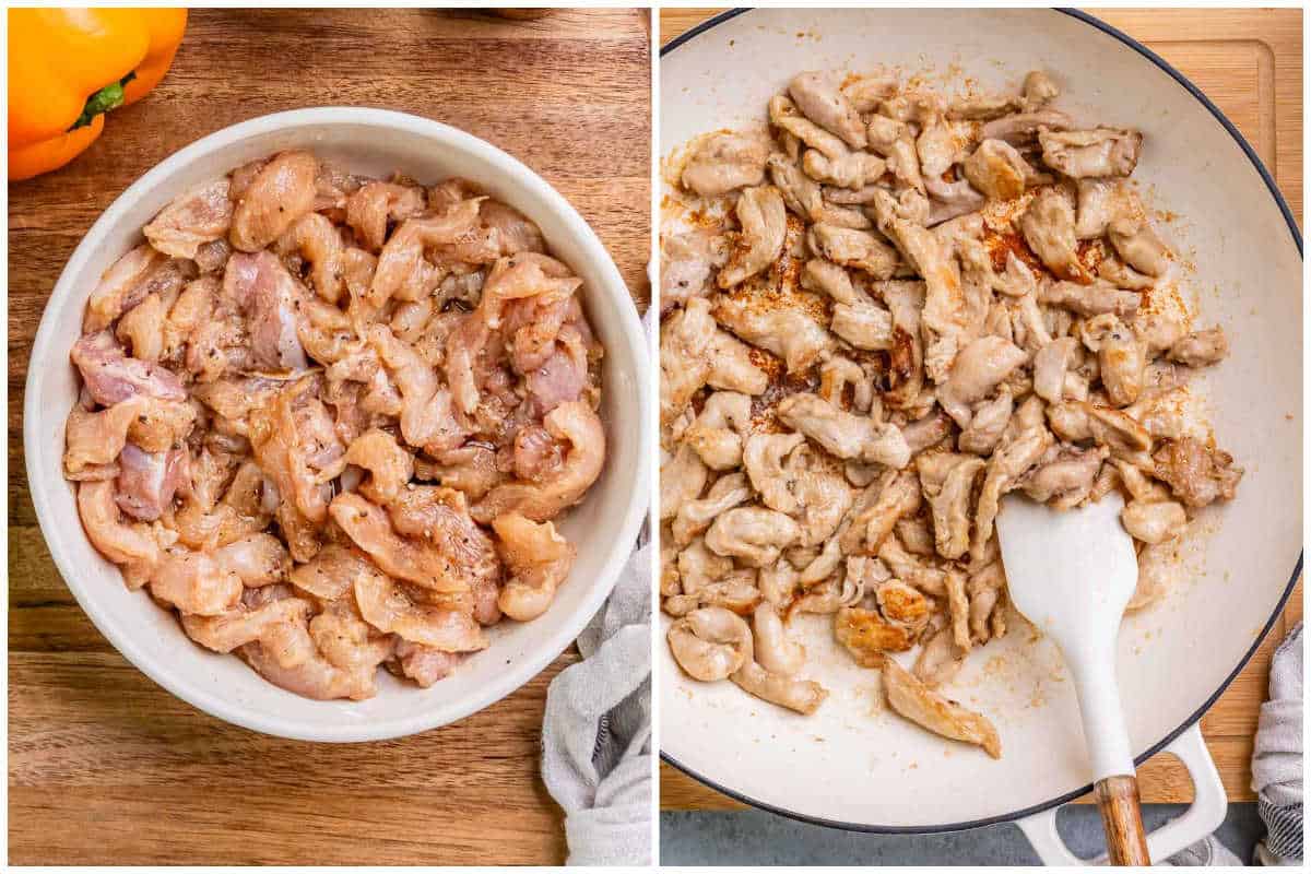 process shot to season and cook the chicken in a skillet.