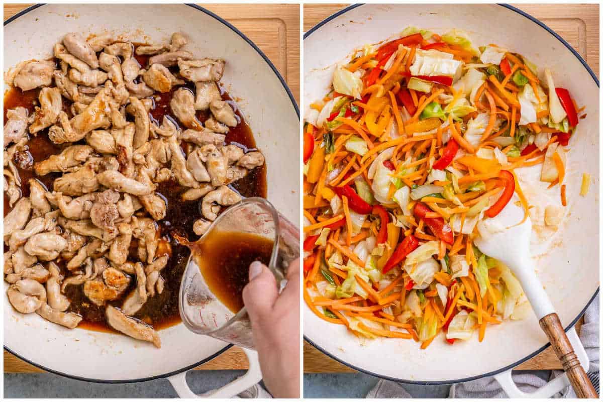 process shot adding the asian sauce over the cooked chicken bites.