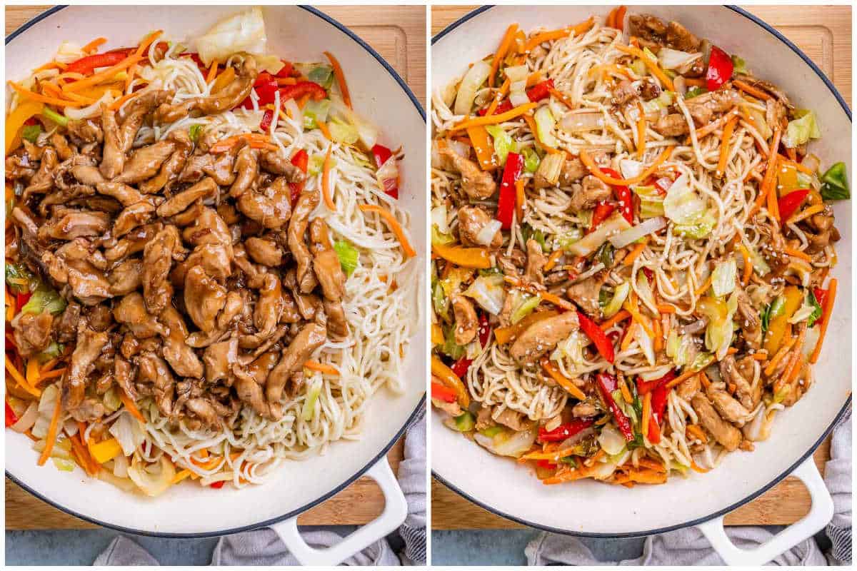 process shot of adding the chicken with the veggies in a skillet.