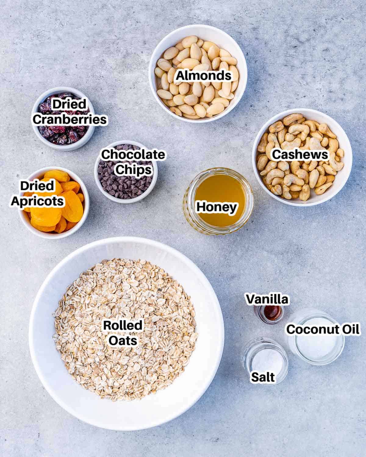 ingredients to make granola bars with chocolate chips.