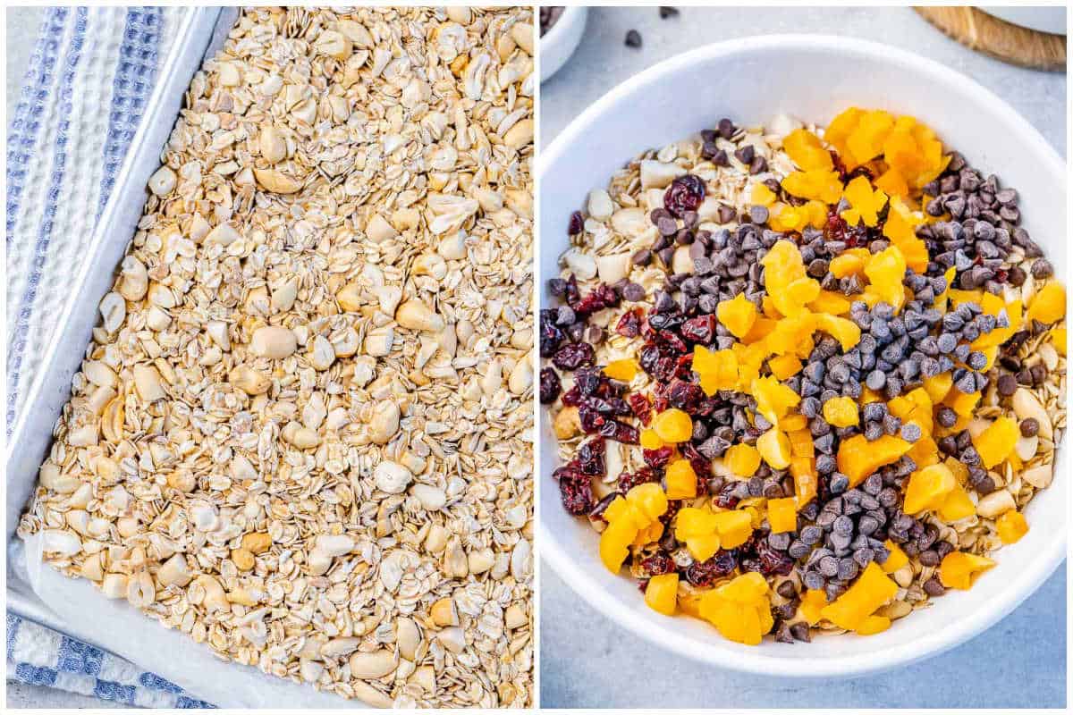 collage to toast the granola and nuts then adding to a bowl with chopped dried fruits.
