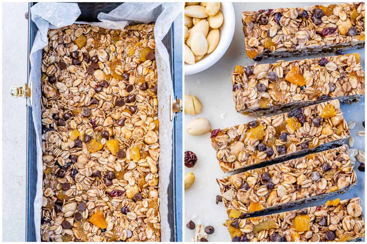 collage to bake the granola bars in a pan and then slicing into bars.
