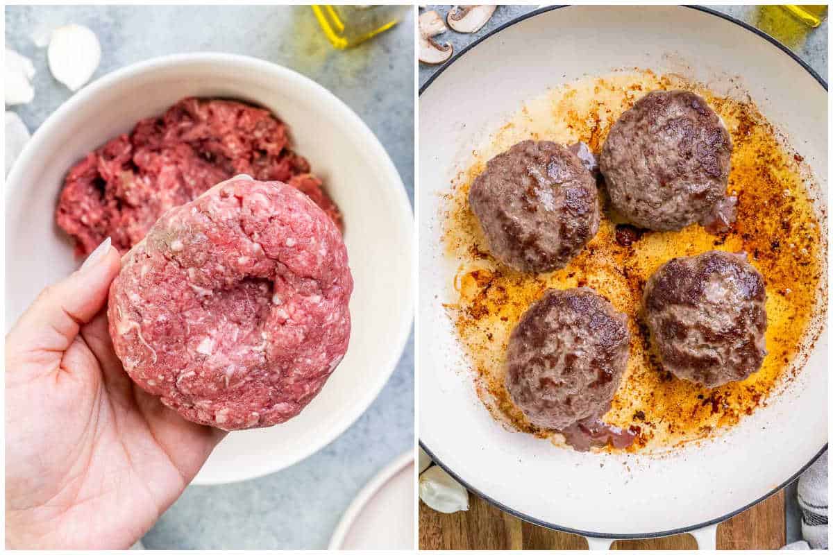 process shot for prepping the ground beef to make patties and cooking them in a pan.