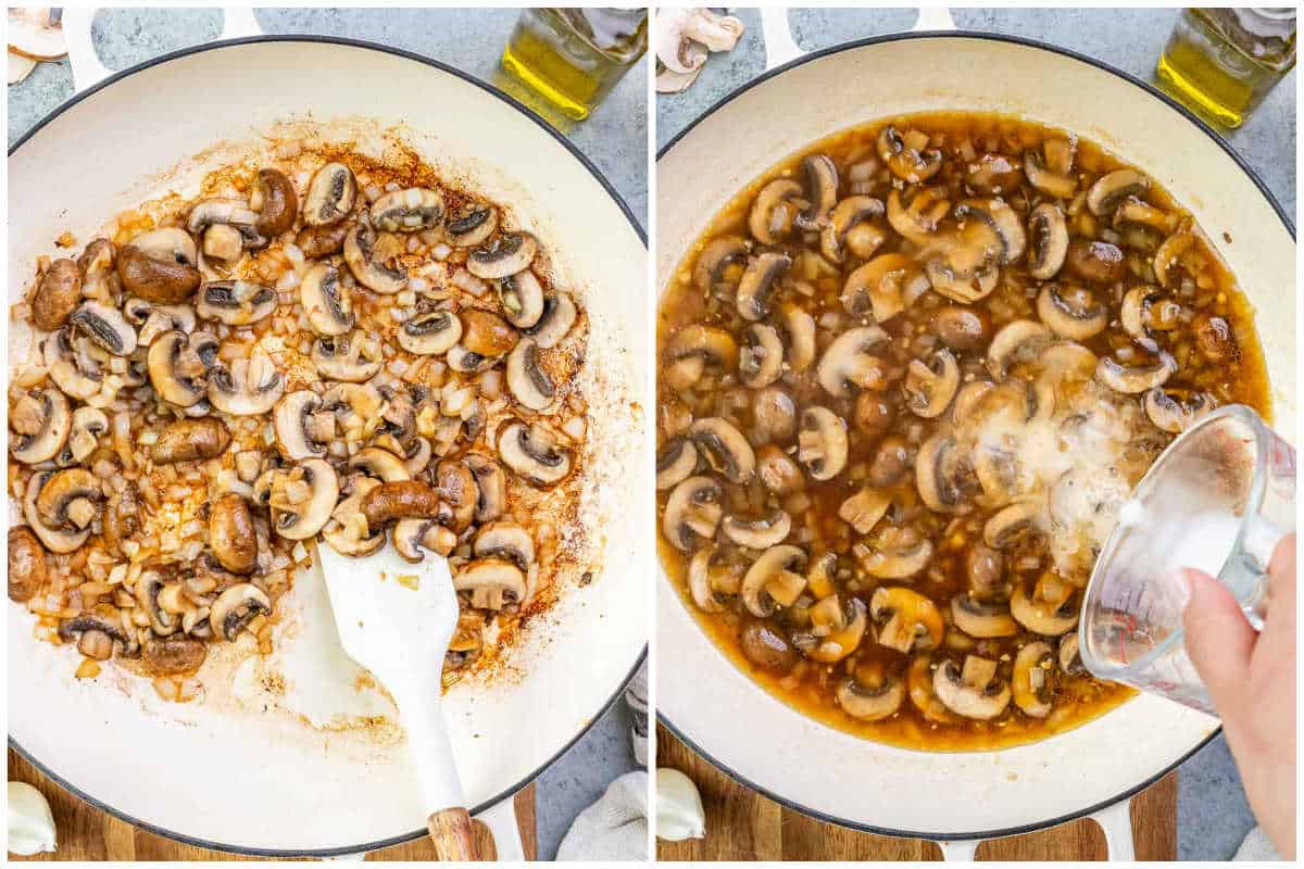 process shot for making the mushroom gravy in a pan.