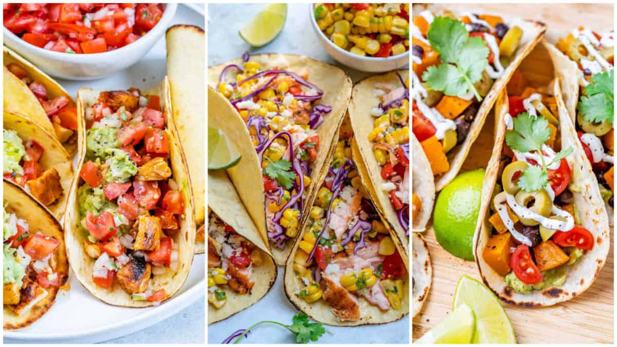 3 images of tacos in a collage.
