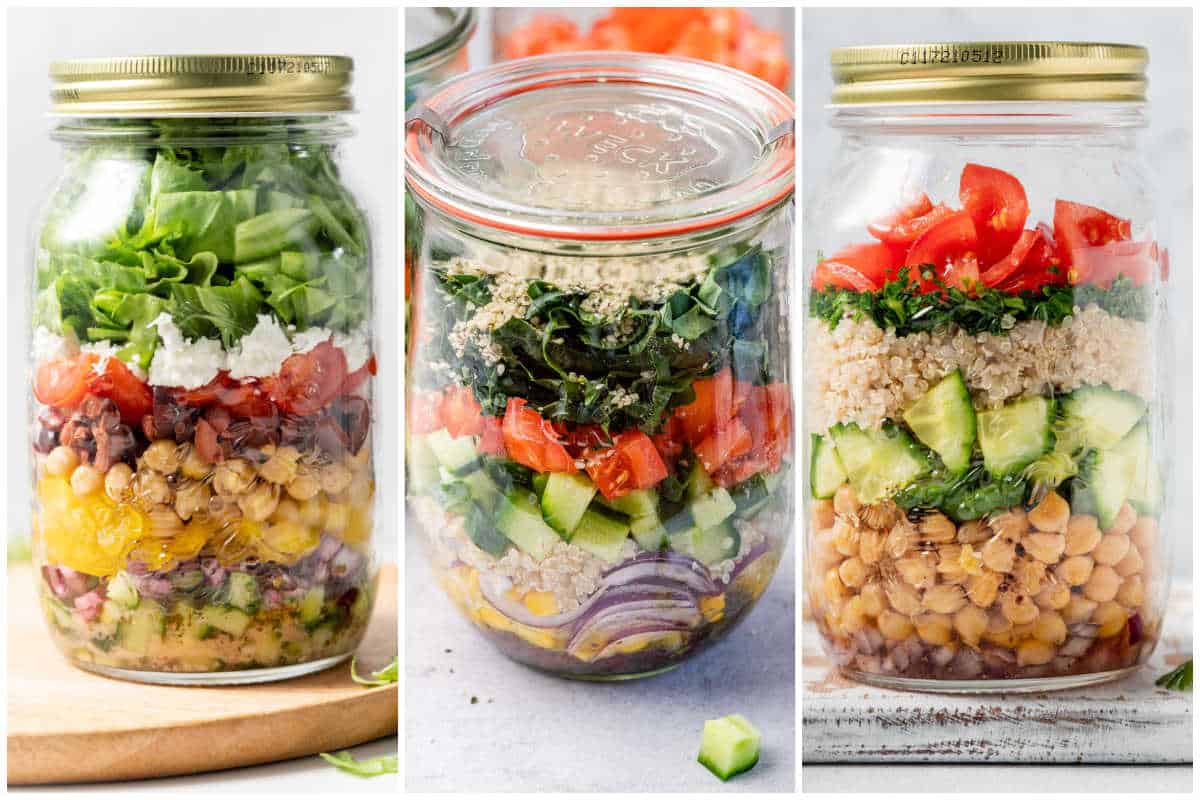 collage with 3 salad jar images.