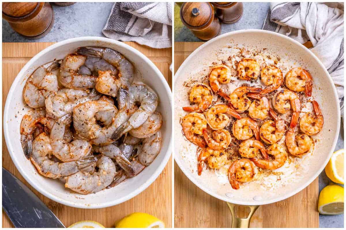 process shot to season the shrimp and cook in a pan.