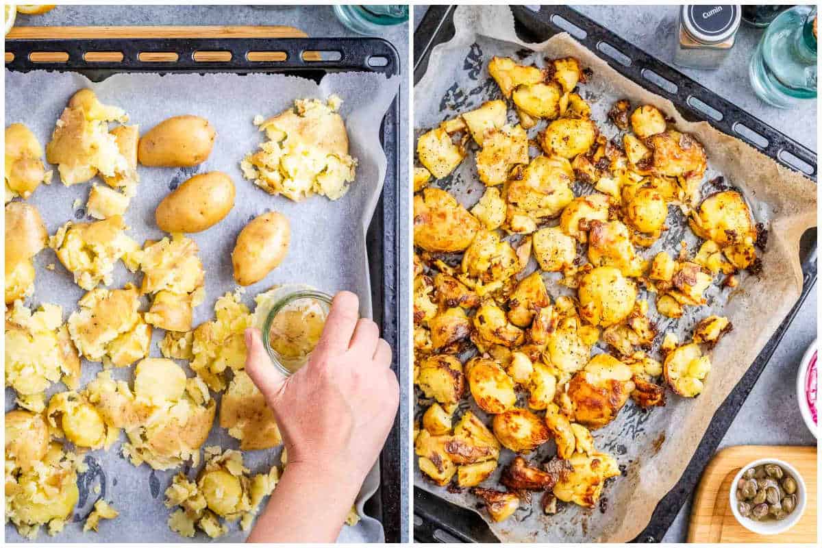 process shot to smash the potatoes and roasting them in a pan.