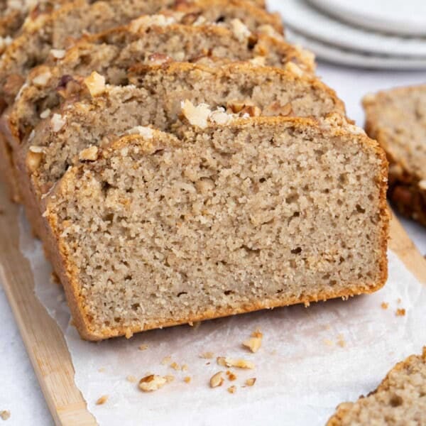 slices of applesauce bread on a cutting board.