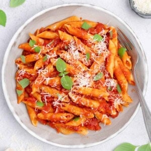 arrabiata sauce served with penne pasta on a plate.