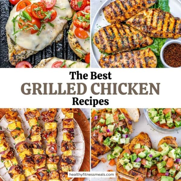 collage for grilled chicken recipe roundup with graphics on it.