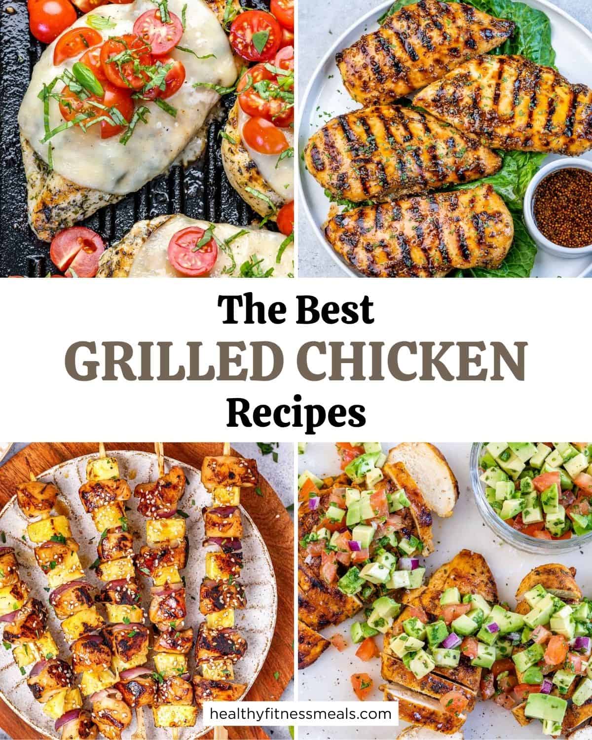 collage of 4 images for grilled chicken recipes with graphics.