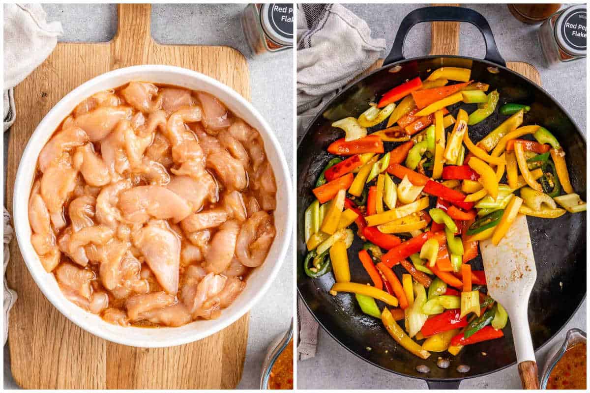 process shot to marinate the chicken and cooking the veggies in a pan.