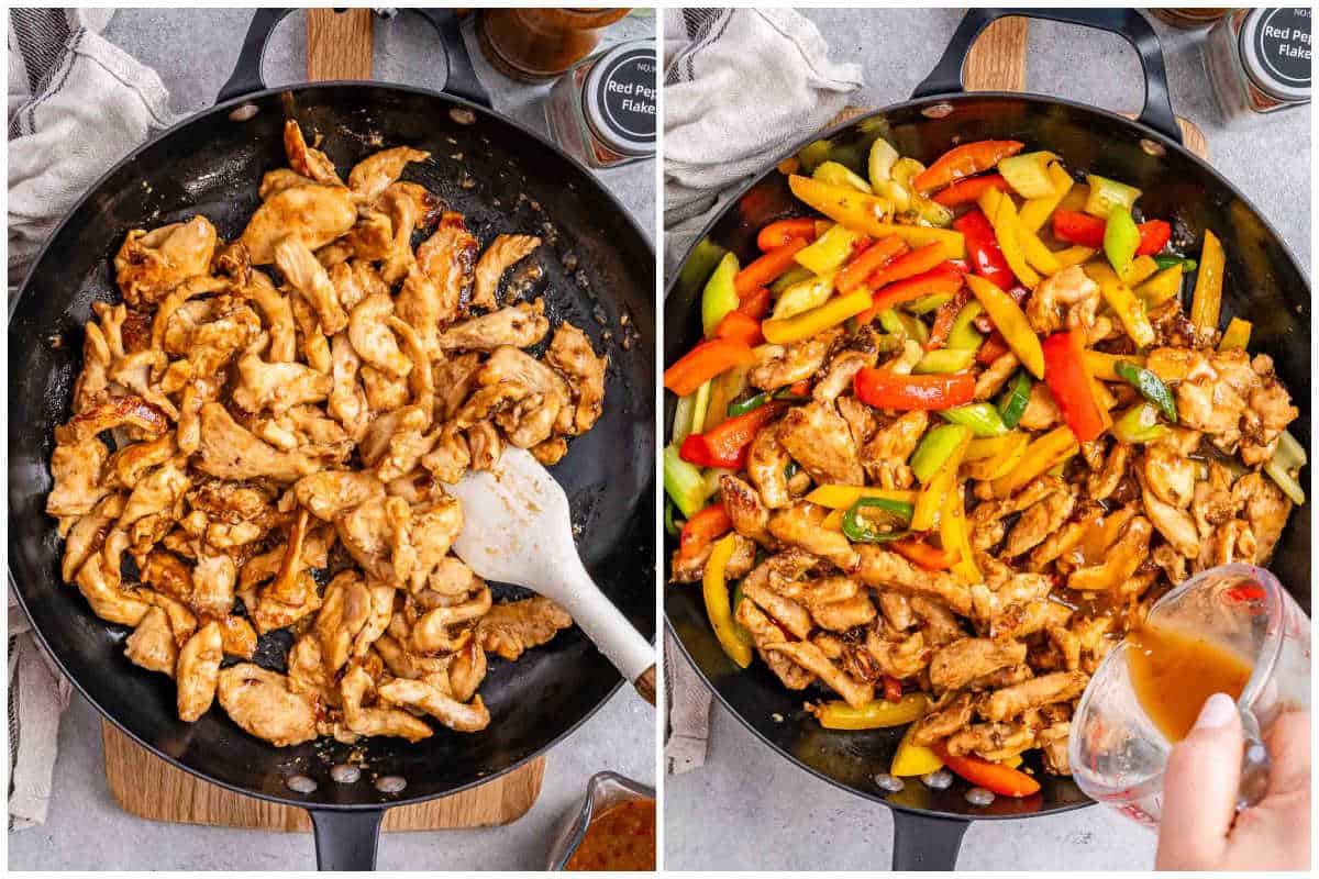 process shot to cook the chicken and adding the veggies and sauce in the pan.