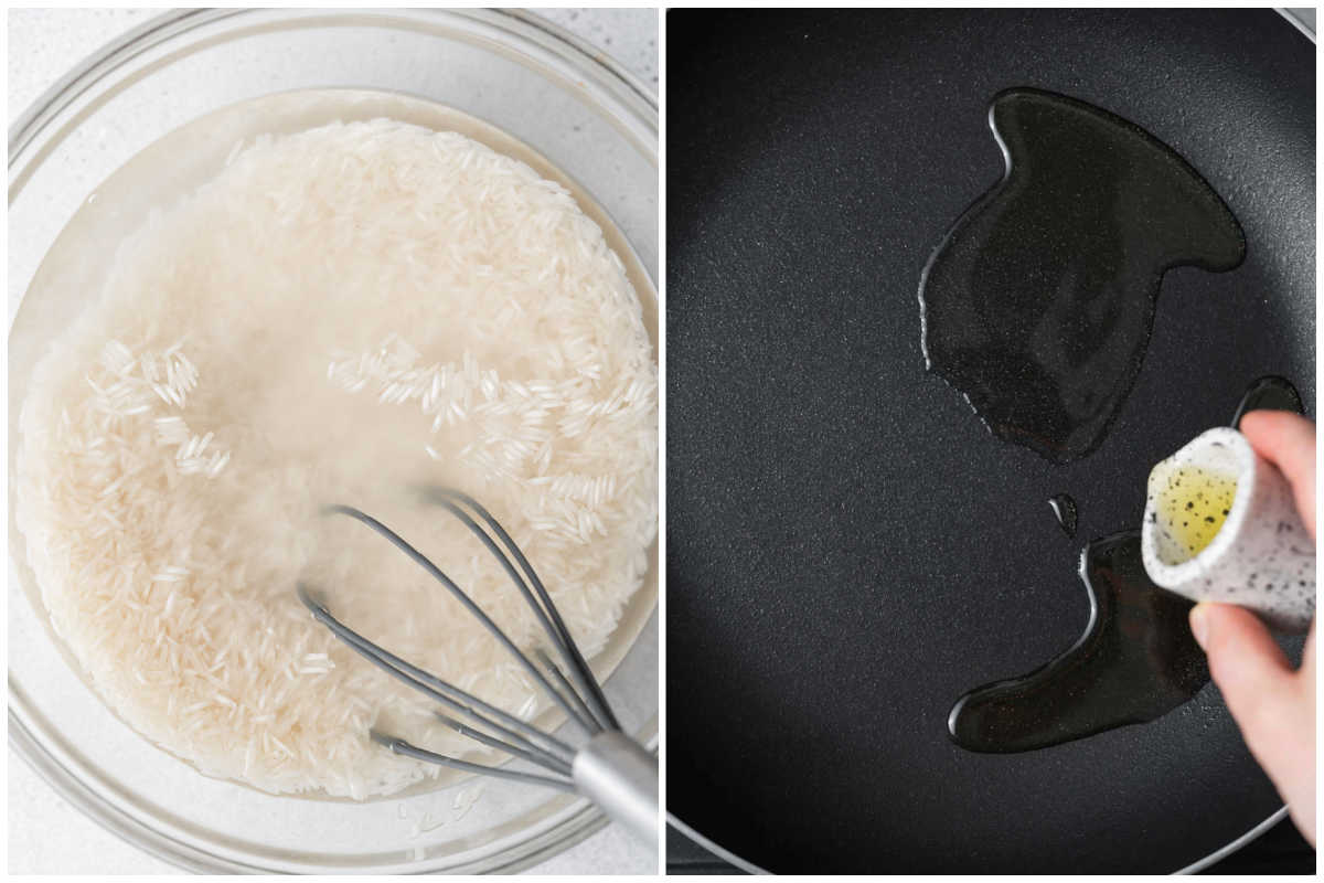 process shot to soak rice and adding oil to pan.