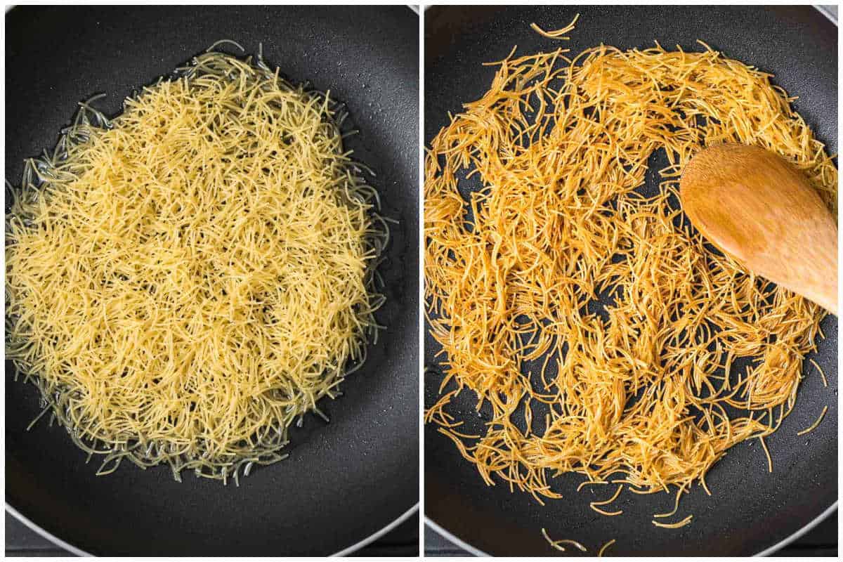 process shot to cook vermicelli in a pan.