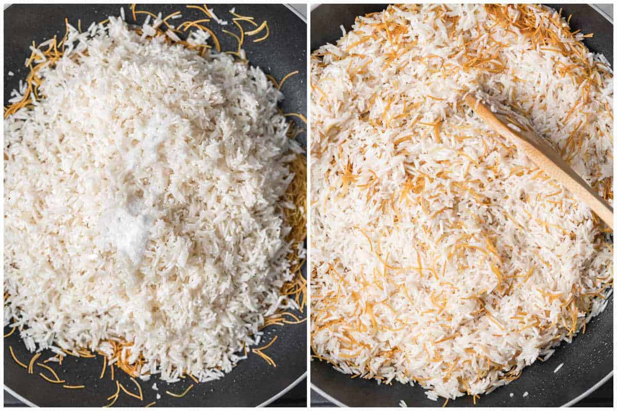 process shot of adding rice and salt over pan.