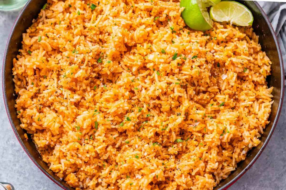 mexican rice cooked in a skillet.