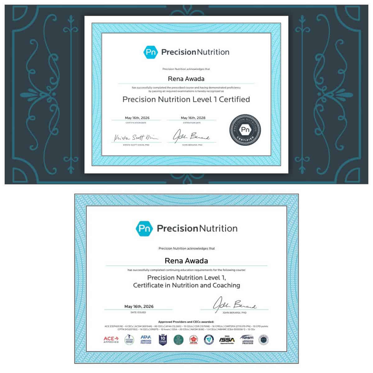 certificate for nutrition coach completion for Rena Awada 