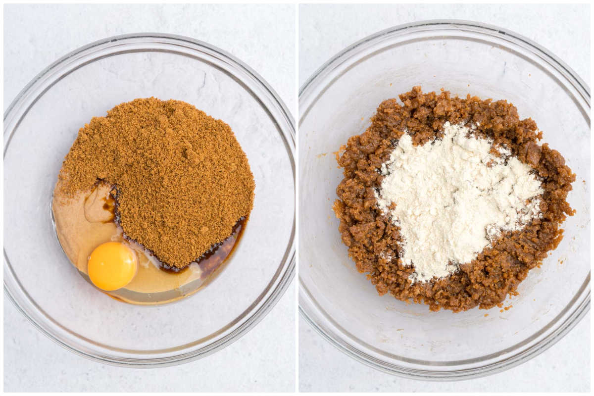 ingredient for almond butter cookies placed in a bowl and mixed to form a dough.