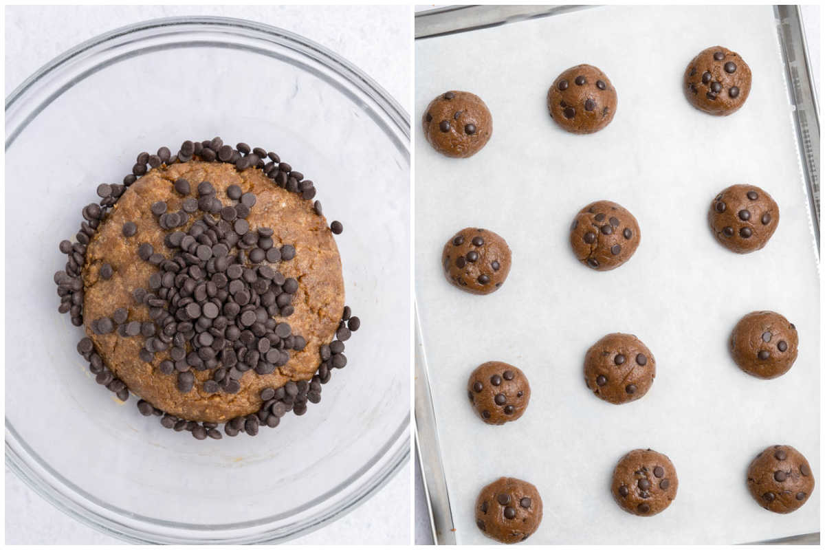 process shot to add chocolate chips to cookie dough and placing them in a sheet pan to be baked.