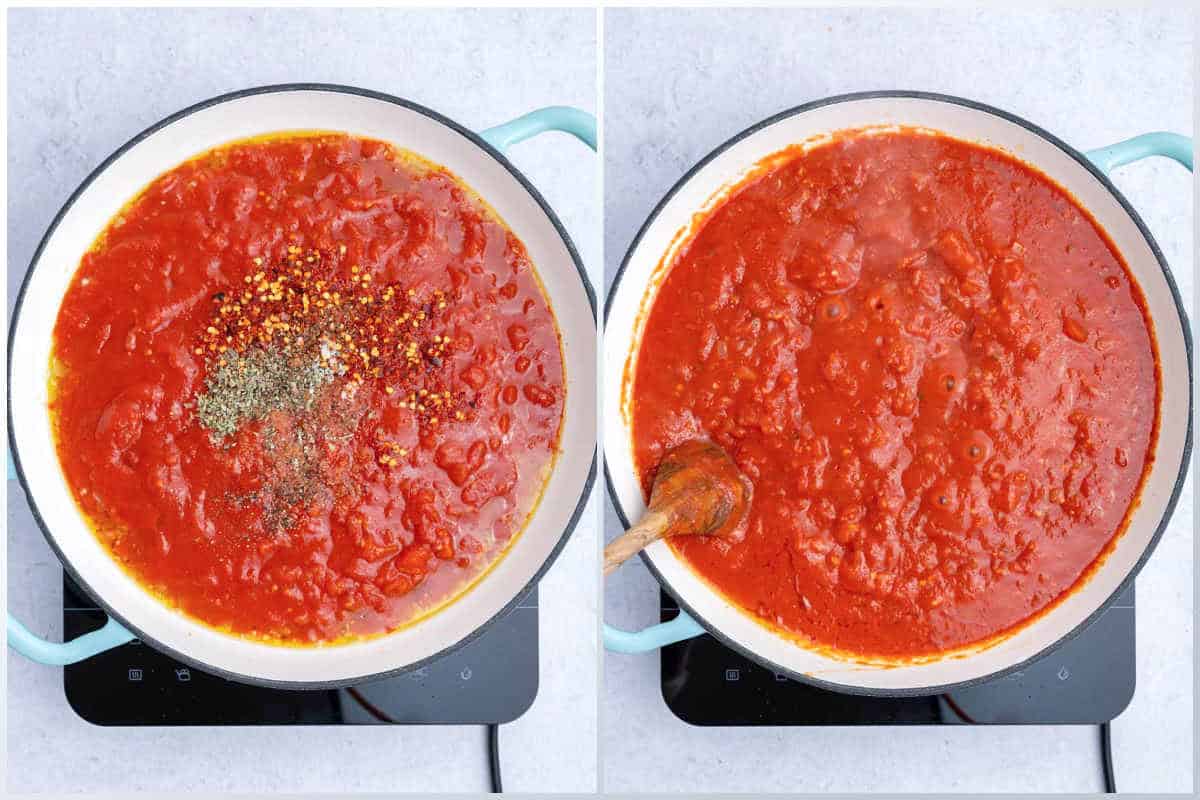 process shot to cook the tomato sauce in the pan with seasonings.