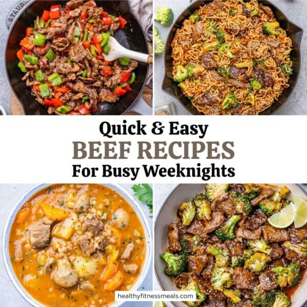 collage of 4 images for beef recipes.