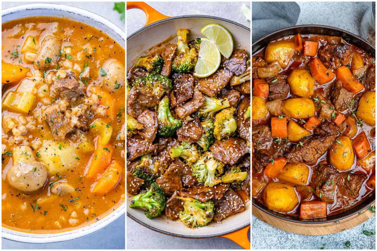 collage for 3 beef recipes.