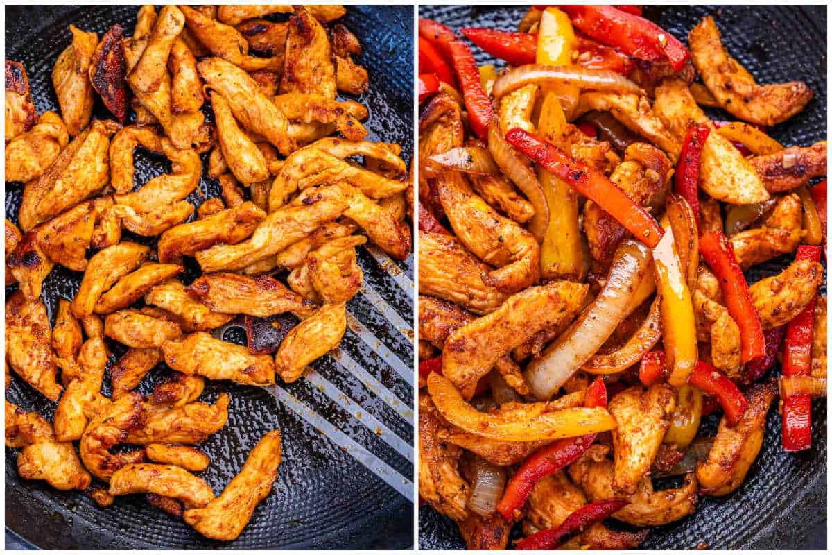 process shot to cook the chicken in pan and then cooking with the peppers and onion.