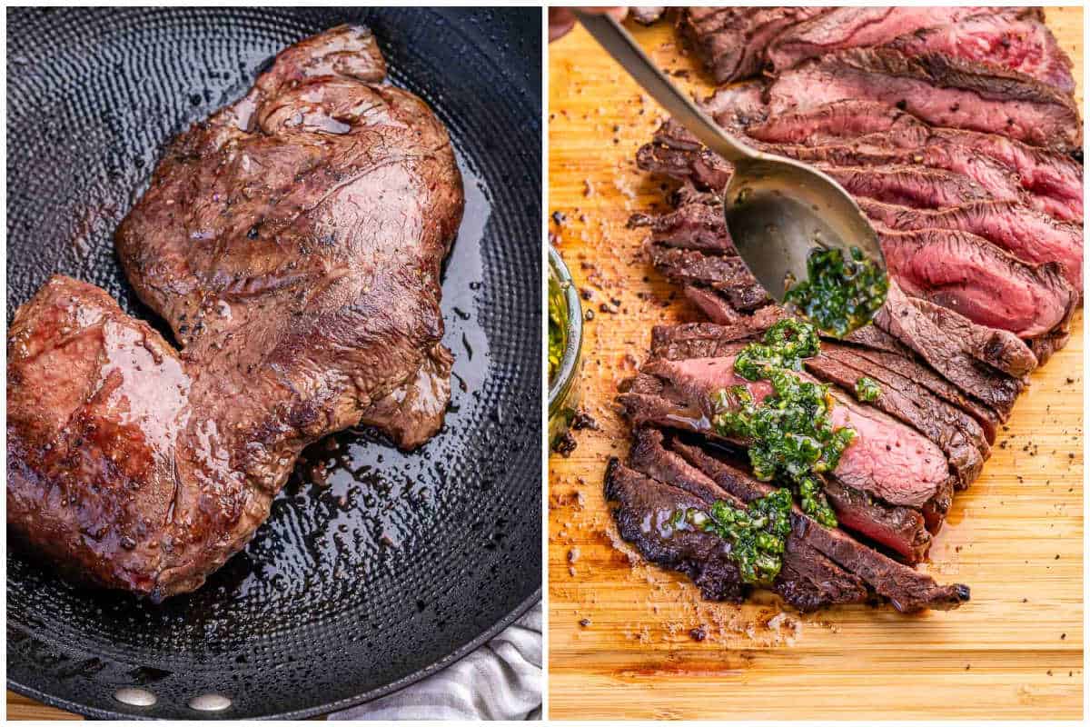 process shot to cook the steak in the pan and topping with chimichurri sauce.