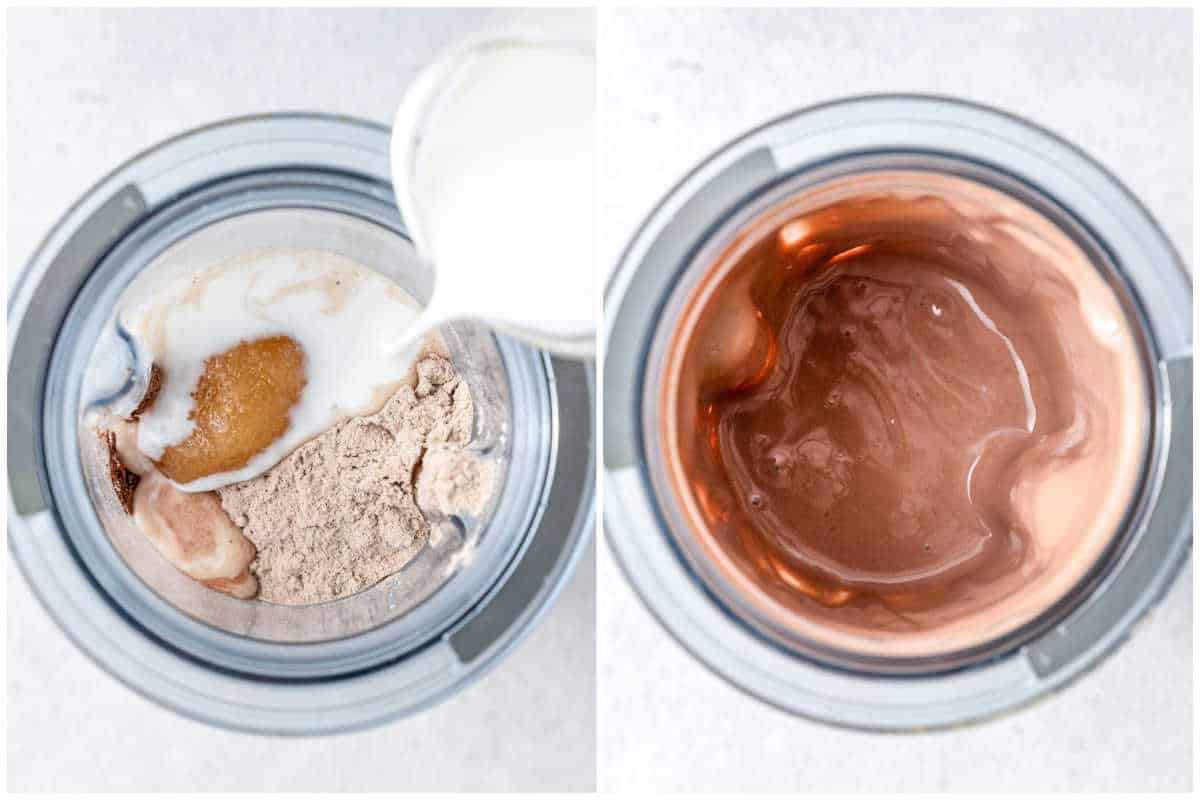 adding the ingredients for the cottage cheese chocolate pudding into a blender.