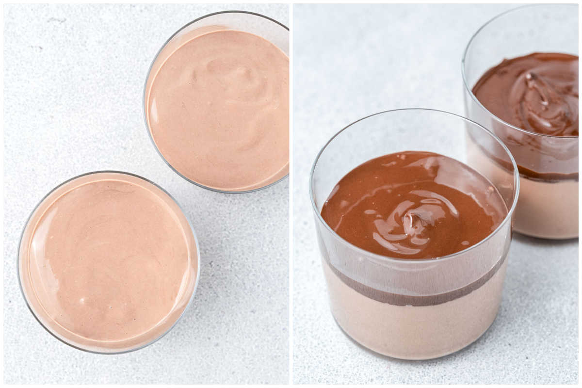 serving the pudding in jars and topping with melted chocolate.