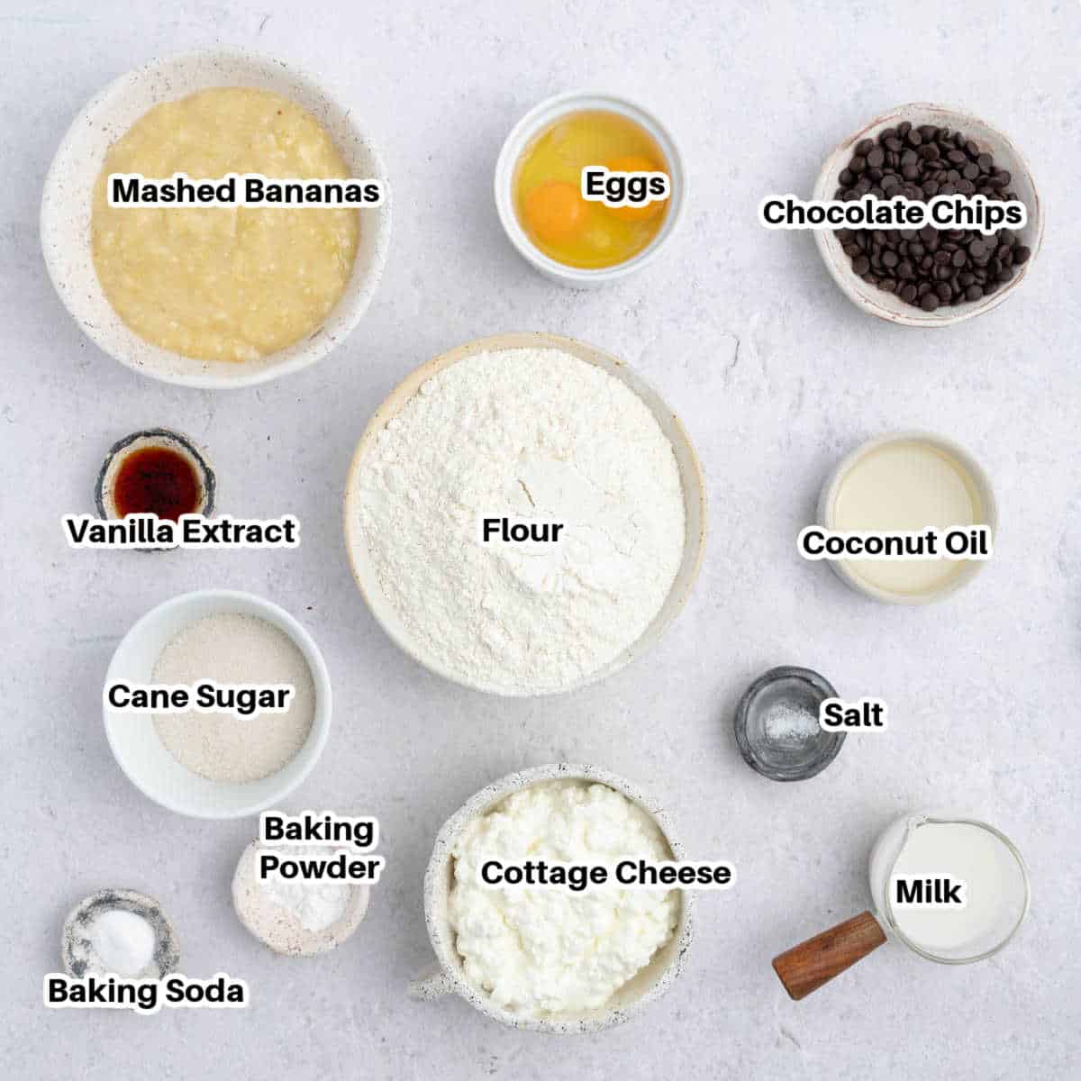 ingredients for cottage cheese banana muffins.