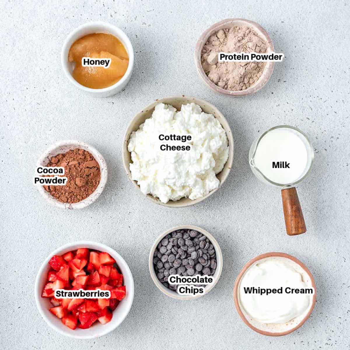 ingredients for chocolate cottage cheese pudding.