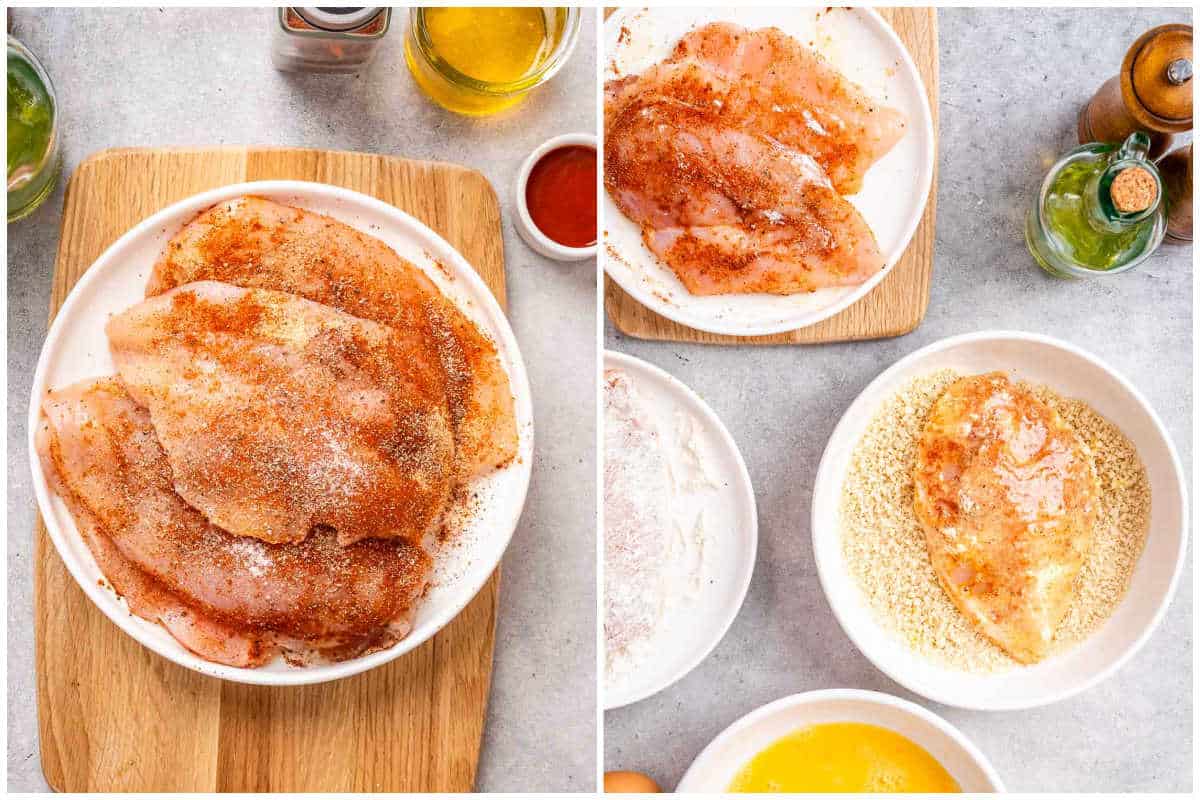 process shot to season the chicken breast and coating it with breadcrumbs.