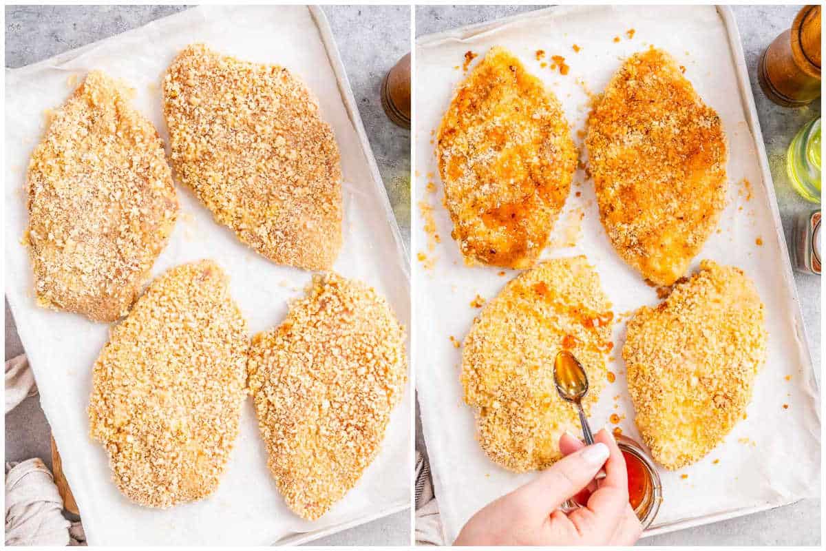 process shot of breading the chicken, baking, and adding hot honey sauce over it.