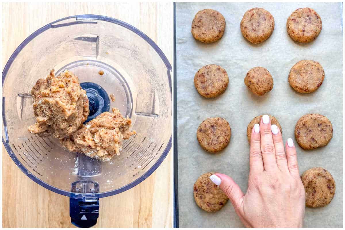 process shot to make the dough and adding the cookie dough on a sheet pan.