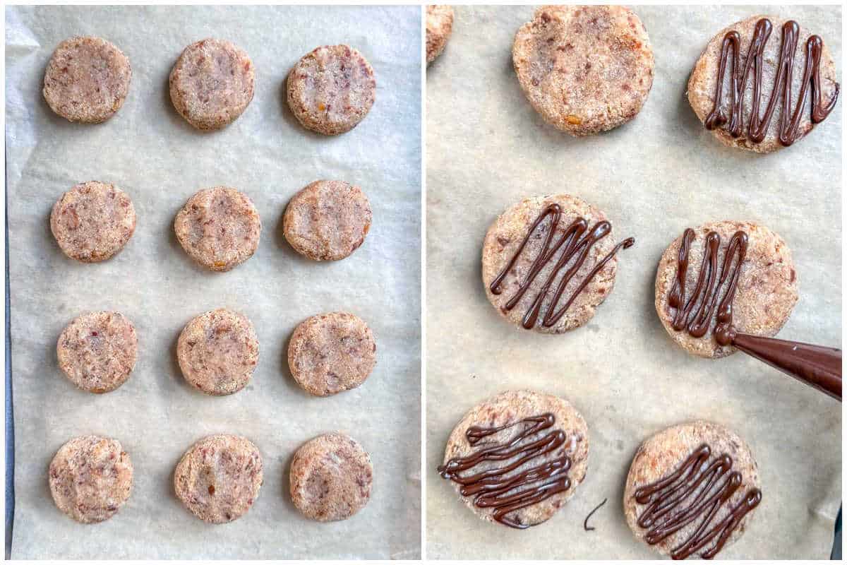 process shot to bake the cookies and drizzling chocolate over the cookies.