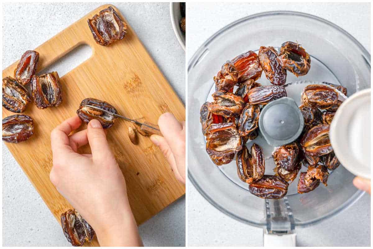 process shot to remove the seeds from dates and adding to a food processor.