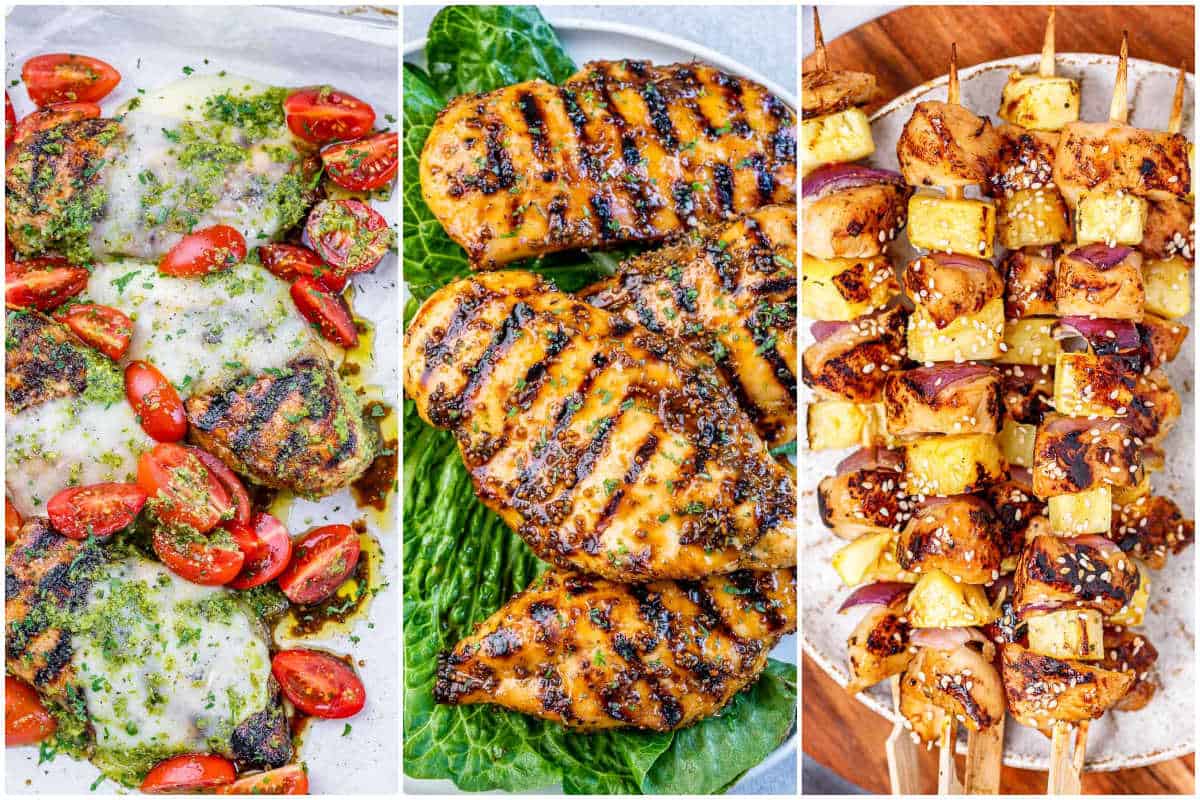 collage of 3 images of grilled chicken recipes.