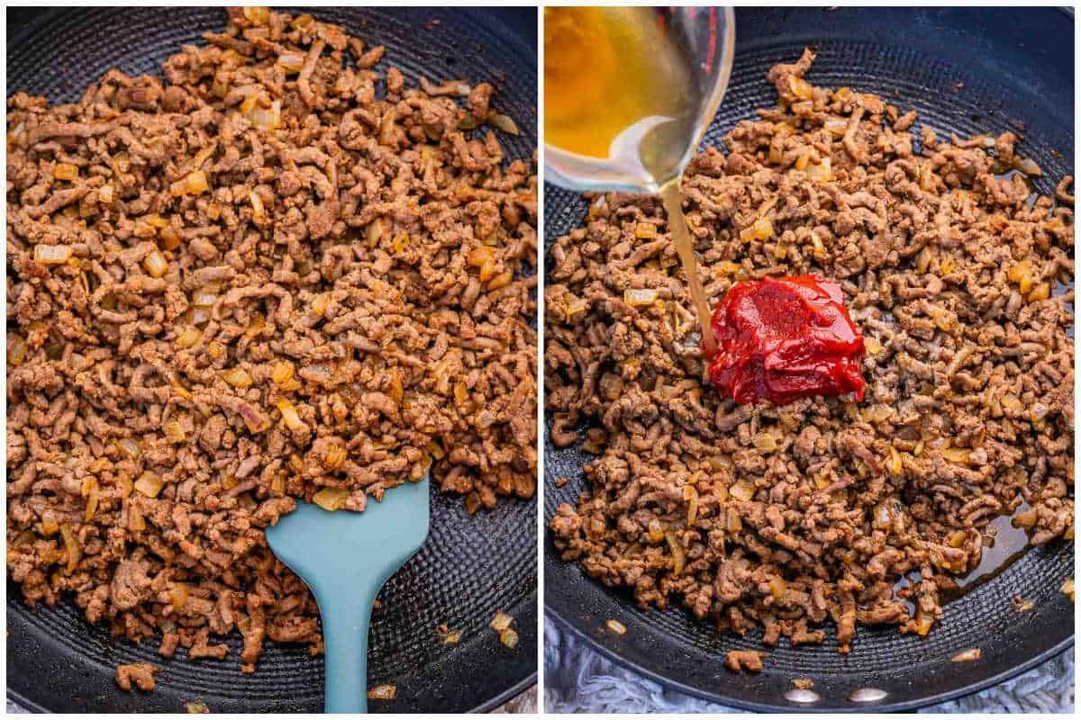 process shot to brown the ground beef and adding tomato paste and broth.