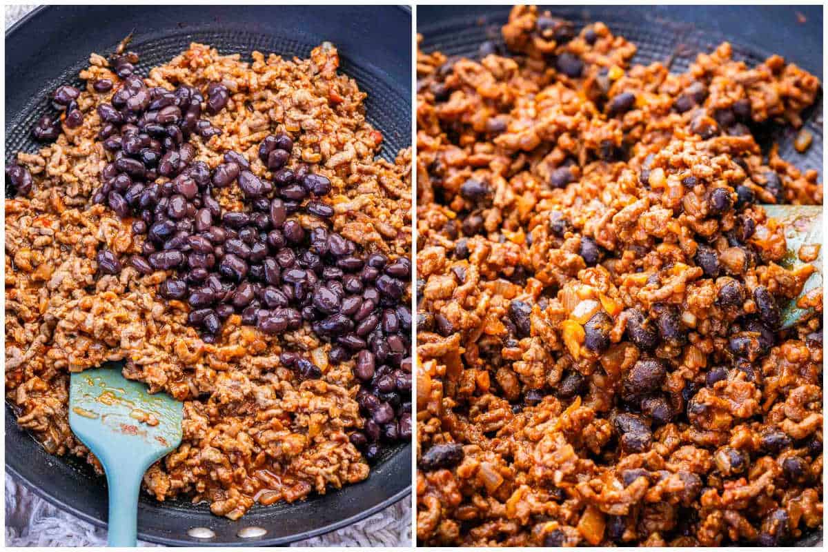 process shot to add the black beans and cooking it with the ground beef.