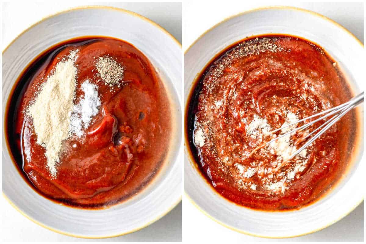 adding the ingredients for the cocktail sauce and mixing.